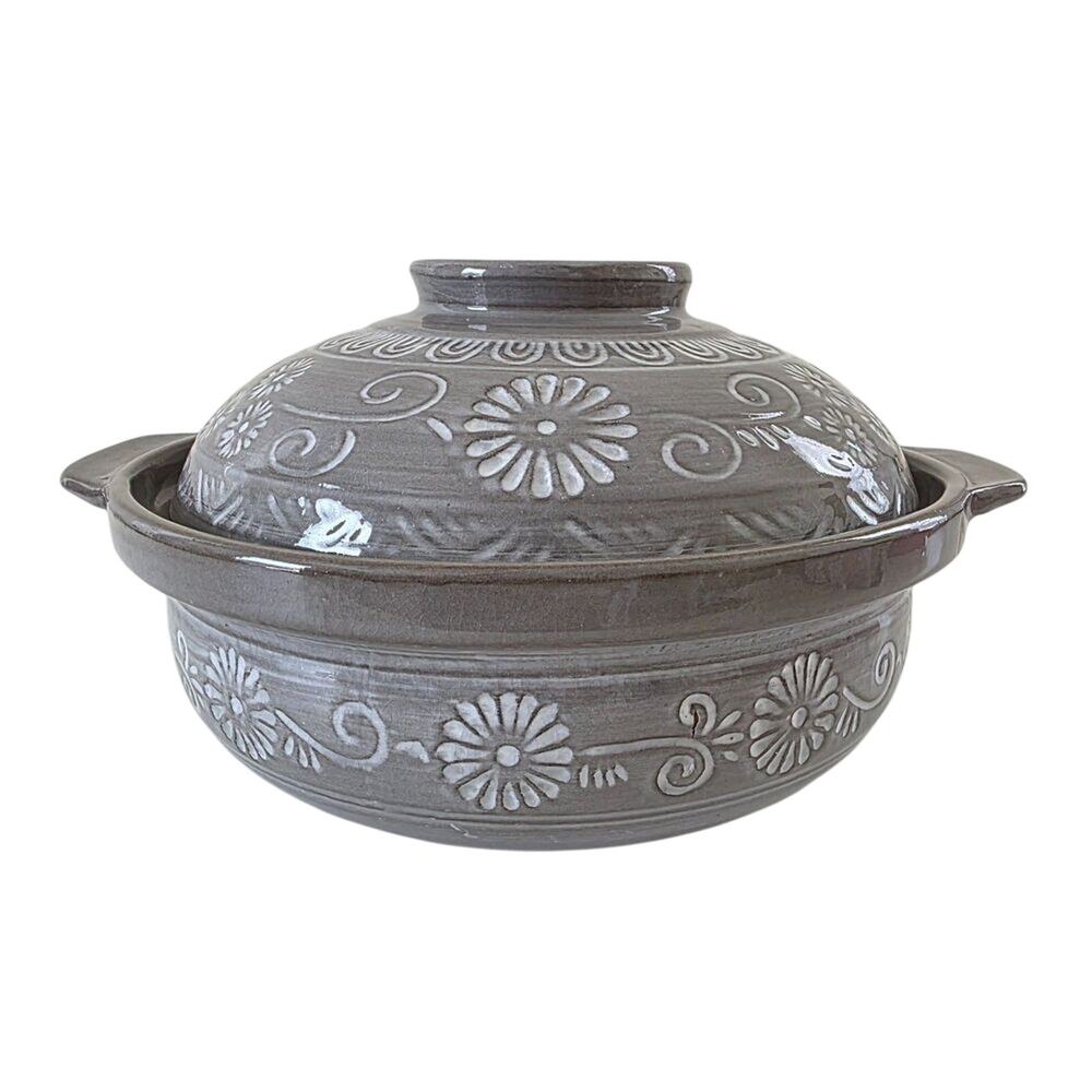 Vintage Handcrafted Ceramic Casserole Dish w Lid Gray Embossed Floral Rustic